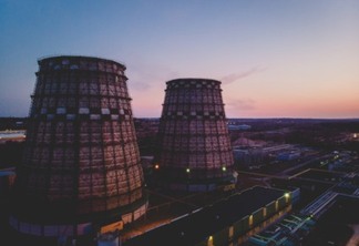 An aerial shot of two power plant during sunset in Vilnius