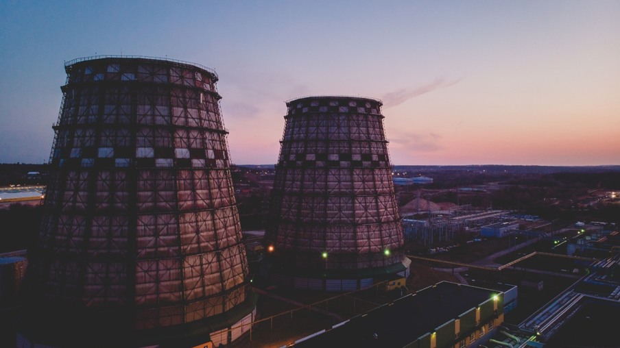 An aerial shot of two power plant during sunset in Vilnius