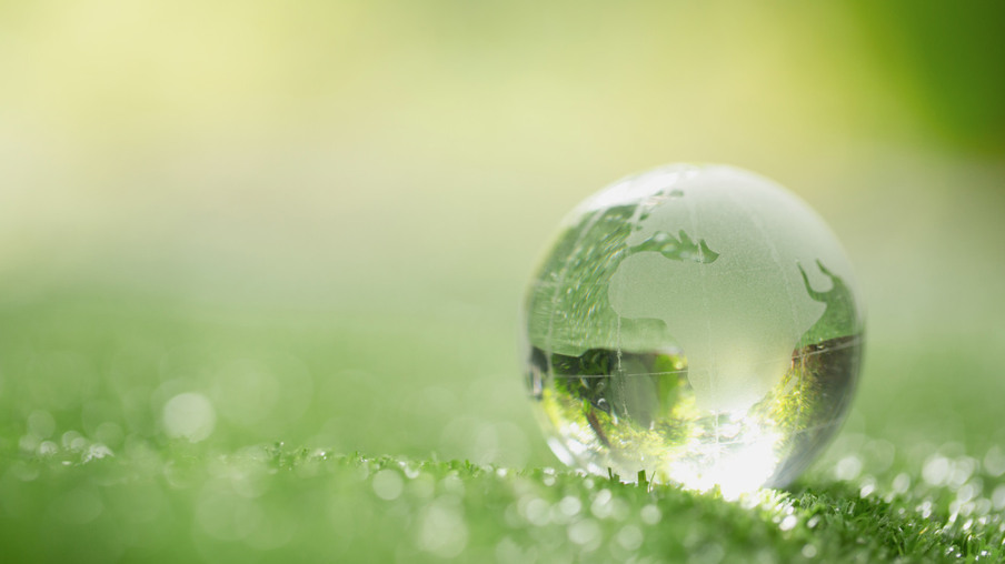 Close up of crystal globe resting on grass in a forest – environment concept