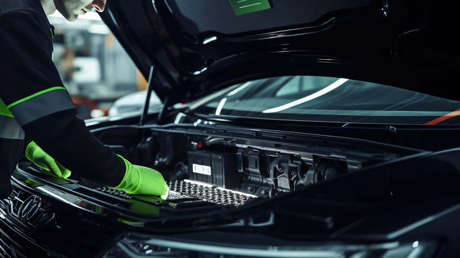 Hands work on an electric car’s lithium-ion battery.