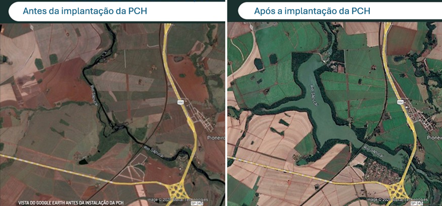 Rio Sapucaí/SP antes e após a implantação da PCH Anhanguera. Fonte: Central Elétrica Anhanguera S.A.